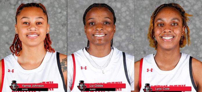 Austin Peay State University Women's Basketball's Yamia Johnson, Liz Gibbs, Lyric Cole. (Robert Smith, APSU Sports Information)