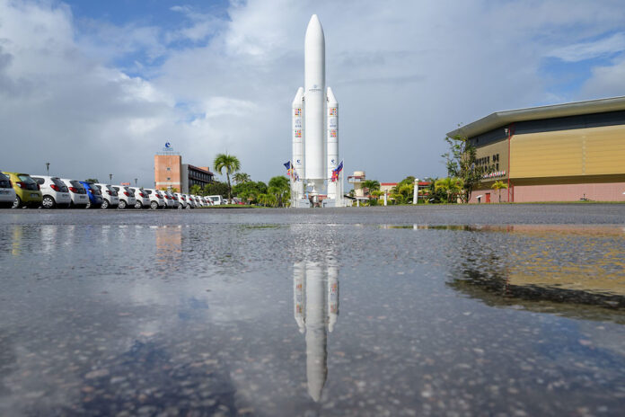 A mockup of Arianespace’s Ariane 5 rocket is seen at the entrance to the Guiana Space Center in Kourou, French Guiana, Tuesday, December 21st, 2021. The James Webb Space Telescope is a large infrared telescope with a 21.3 foot (6.5 meter) primary mirror. The observatory is scheduled to launch December 25th and will study every phase of cosmic history—from within our solar system to the most distant observable galaxies in the early universe. (NASA/Bill Ingalls)