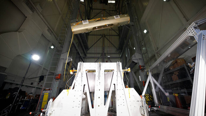 A mock rocket is thrown into the air at NASA’s Jet Propulsion Laboratory during tests of a launch system that would fire a rocket off of Mars. The rocket would be part of a multi-mission effort to return Martian samples back to Earth for closer study. (NASA/JPL-Caltech)