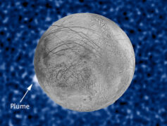 This composite image shows suspected plumes of water vapor erupting from Jupiter’s moon Europa. The image of the plume was made from data collected by NASA’s Hubble’s Space Telescope Imaging Spectrograph in 2014. The image of Europa itself is made from data from NASA’s Galileo and Voyager missions. (NASA/ESA/W. Sparks (STScI)/USGS Astrogeology Science Center)