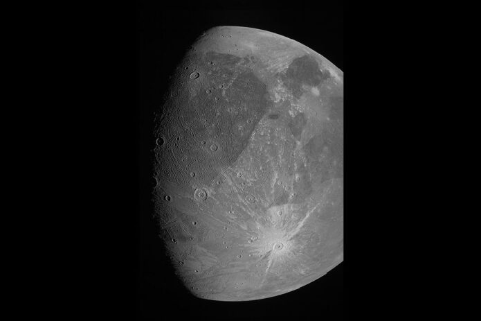 This image of the Jovian moon Ganymede was obtained by the JunoCam imager aboard NASA's Juno spacecraft during its June 7th, 2021, flyby of the icy moon. (NASA/JPL-Caltech/SwRI/MSSS)