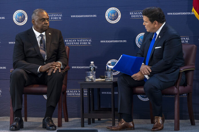 Secretary of Defense Lloyd J. Austin III answers questions from Fox News correspondent Brett Baier during a "fireside chat" at the 2021 Reagan National Defense Forum at the Ronald Reagan Presidential Library in Simi Valley, California, December 4th, 2021. (Chad McNeeley, DOD) Secretary of Defense Lloyd J. Austin III answers questions from Fox News correspondent Brett Baier during a "fireside chat" at the 2021 Reagan National Defense Forum at the Ronald Reagan Presidential Library in Simi Valley, California, December 4th, 2021. (Chad McNeeley, DOD)
