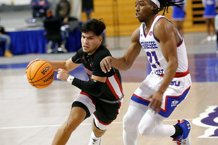 Austin Peay State University Men's Basketball falls at Tennessee State, 65-61. (Robert Smith, APSU Sports Information)