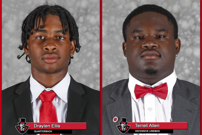 Austin Peay State Uniersity Football's Draylen Ellis and Terrell Allen. (Robert Smith, APSU Sports Information)