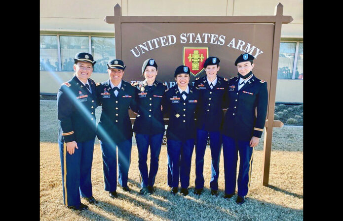 Cristina Taylor with fellow women officers at BOLC graduation in March 2021. (APSU)