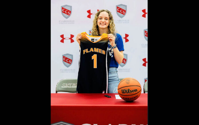 Clarksville Christian School basketbqall senior Caroline Watts sings with the Welch College Flames.
