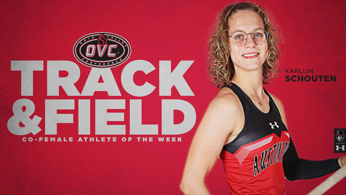 Austin Peay State University Track and Field junior Karlijn Schouten Named OVC Co-Female Athlete of the Week. (APSU Sports Information)