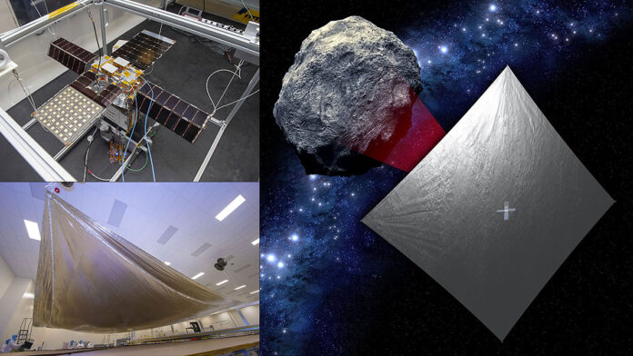 NEA Scout is composed of a small, shoebox-sized CubeSat (top left) and a thin, aluminum-coated solar sail about the size of a racquetball court (bottom left). After the spacecraft launches aboard Artemis I, the sail will use sunlight to propel the CubeSat to a small asteroid (as depicted in an illustration, right). (NASA)