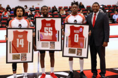 Austin Peay State University Men’s Basketball paid tribute to its seniors before the Tennessee Tech game Saturday. (L to R) DJ Peavy, Tariq Silver and Elton Walker. (Mark Haynes, Clarksvilleonline.com)