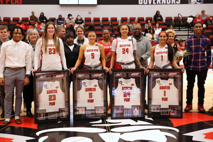 Austin Peay State University Women's Basketball honored its seniors after the Tennessee Tech Game. (L to R) Maggie Knowles, Kasey Kidwell, Yamia Johnson, and Karle Pace. (Mark Haynes, Clarksvilleonline.com)