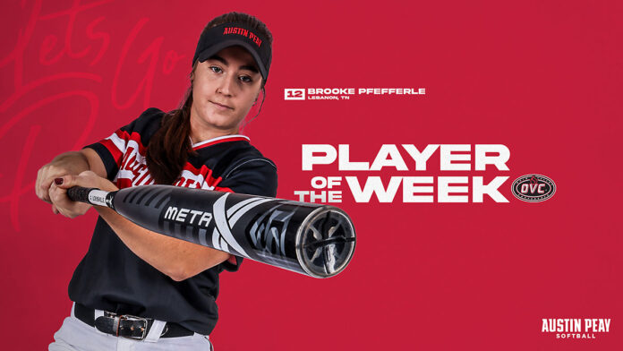 Austin Peay State University Softball's Brooke Pfefferle earns first OVC Player of the Week honor. (APSU Sports Information)