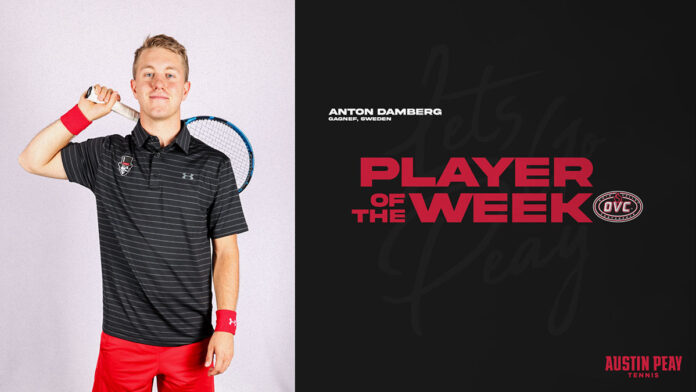Austin Peay State University Men's Tennis senior Anton Damberg named OVC Player of the Week. (APSU Sports Information)