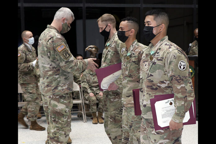 From left, Col. Vincent B. Myers and Command Sgt. Maj. Daniel Santiago, Blanchfield Army Community Hospital command team, congratulate Capt. Joshua Lockwood, Sgt. Derrick Hise and Sgt. Sangoh Choi for winning the hospital’s first ever Best Leader Competition, Feb. 15 -17, on Fort Campbell, Kentucky. The competition originated from Soldier and NCO of the Year Competitions, but with the inclusion of commissioned officers O1 to O3, was renamed Best Leader. (U.S. Army)