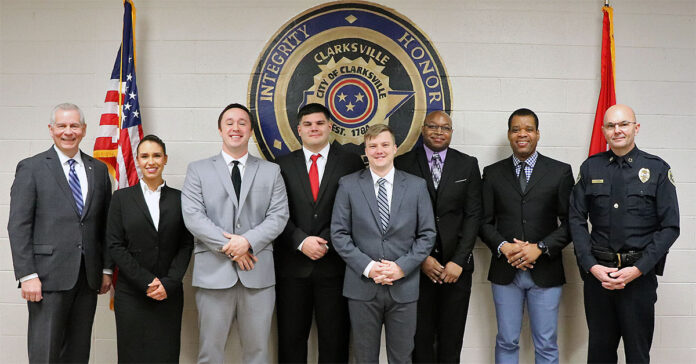 Pictured (L-R) Clarksville Mayor Joe Pitts, Karleigh Davenport, Thomas Nichols, Mark Shelhamer, Beck Robertson, Delvonte’ Mayberry, Garold Wiseman and Clarksville Police Chief David Crockarell.