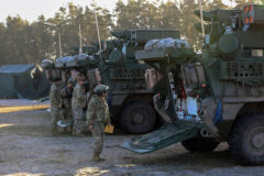 U.S. soldiers assigned to 5th Battalion, 4th Air Defense Artillery Regiment prepare maneuver short-range air-defense platform prototypes during a training exercise in BPTA, Poland, Feb. 24, 2022. (Army Staff Sgt. Clinton Thompson, National Guard)