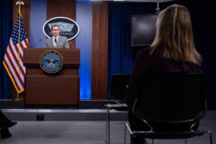 Pentagon Press Secretary John F. Kirby speaks during a press briefing at the Pentagon, Feb. 28, 2022. (Air Force Tech. Sgt. Jack Sanders, DOD)