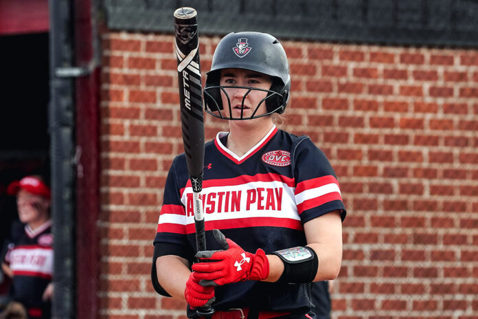 Austin Peay State University Softball infielder Brooke Pfefferle hits two home runs in Game 1 against Belmont. (APSU Sports Information)
