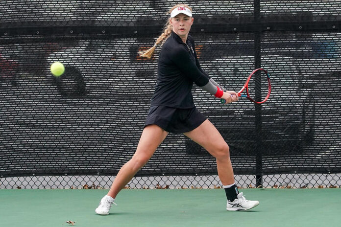 Austin Peay State University Women's Tennis team's match against North Alabama was canceled midway through the singles games due to incoming weather. (Eric Elliot, APSU Sports Information)