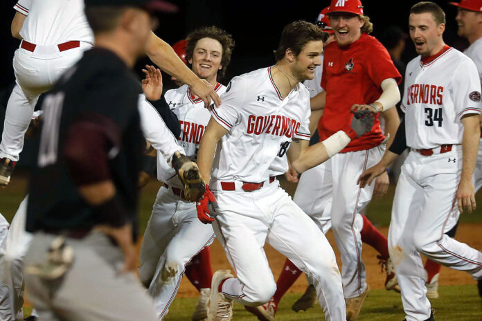 Austin Peay State University Baseball pinch hitter Harrison Brown's single downs Bellarmine for Govs' third-walk off win. (Robert Smith, APSU Sports Information)