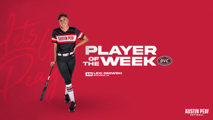 Austin Peay State University Softball's Lexi Osowski named OVC Player of the Week. (APSU Sports Information)