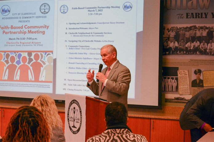 Clarksville Mayor Joe Pitts welcomed the leaders from the local faith-based community during a town hall meeting the Clarksville Neighborhood & Community Services (CNCS) hosted on March 7th at the Clarksville Regional Airport. CNCS organized the town hall to establish a working relationship with faith-based leaders and educate them on the services available to their communities.