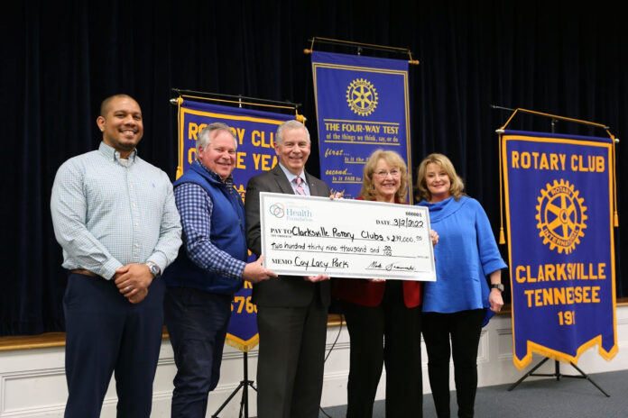 (L to Right) Clarksville-Montgomery County Community Health Foundation Grants Committee Member Vincent Pinkney, Grants Committee Chair Mark Trawinski, Sunrise Rotary President Pat Donahue, and District 6760 Governor Nominee Betty Burchett.