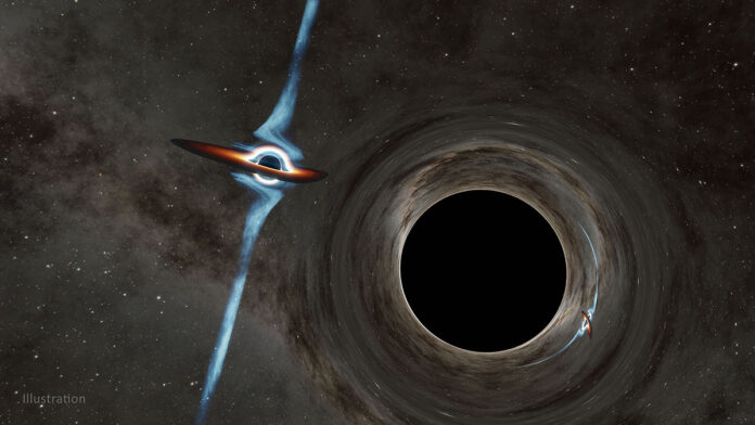 In this illustration, light from a smaller black hole (left) curves around a larger black hole and forms an almost-mirror image on the other side. The gravity of a black hole can warp the fabric of space itself, such that light passing close to the black hole will follow a curved path around it. (Caltech-IPAC)