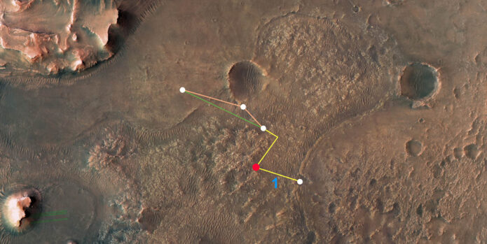 This annotated image depicts the multiple flights – and two different routes – NASA’s Ingenuity Mars Helicopter could take on its trip to Jezero Crater’s delta. (NASA/JPL-Caltech/University of Arizona/USGS)