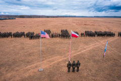 Polish Soldiers assigned to the 3rd Air Defense Rocket Brigade and U.S. Soldiers assigned to 5th Battalion, 4th Air Defense Artillery Regiment hold a closing ceremony for the Poland phase of exercise Saber Strike 22 on Feb. 26, 2022, at BPTA, Poland. (Army Maj. Robert Fellingham)