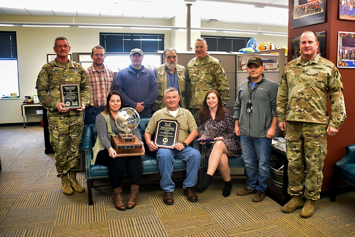 The Tennessee National Guard’s Construction and Facilities Management Office was honored on Feb. 3, with multiple awards for outstanding performance in the environmental and conservation field. The awards include the 2021 Environmental Stewardship Trophy and the Best Regional Installations Program in Natural Resources Conservation. Tennessee’s Assistant Adjutant General, Army, Brig. Gen. Warner A. Ross II, poses for a photo, March 9th, with members of the CFMO and their environmental program team. (Sgt. 1st Class Timothy Cordeiro, Tennessee National Guard Public Affairs Office)