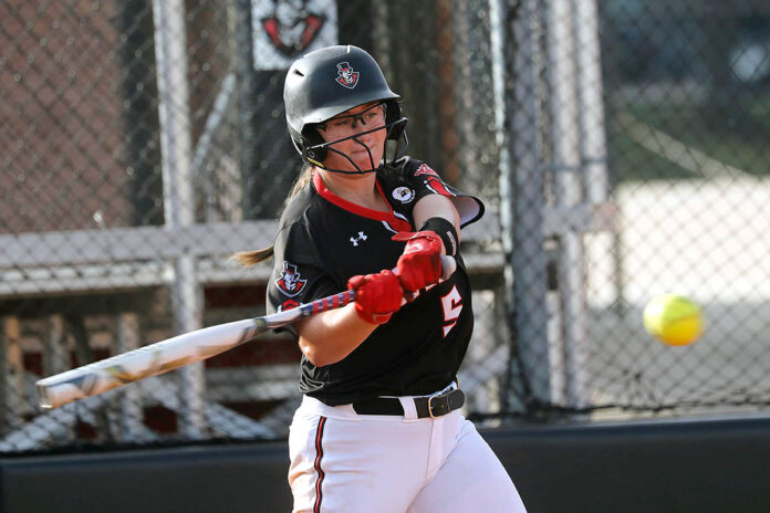 Austin Peay State University Softball sophomore Mea Clark hits home run in Govs game one win over Tennessee Tech. (Robert Smith, APSU Sports Information)