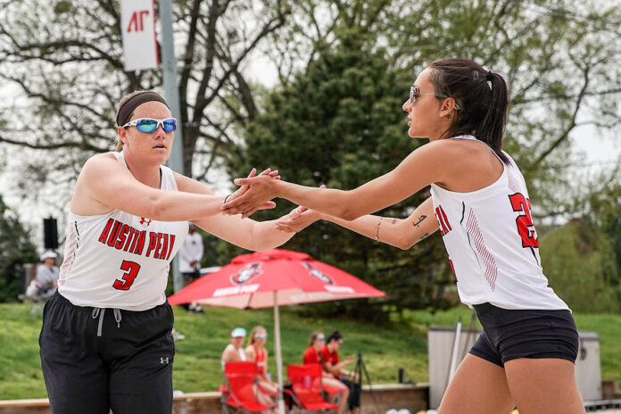 Austin Peay State University Beach Volleyball downs UT Martin, finishes perfect at Govs Beach Bash. (Eric Elliot, APSU Sports Information)