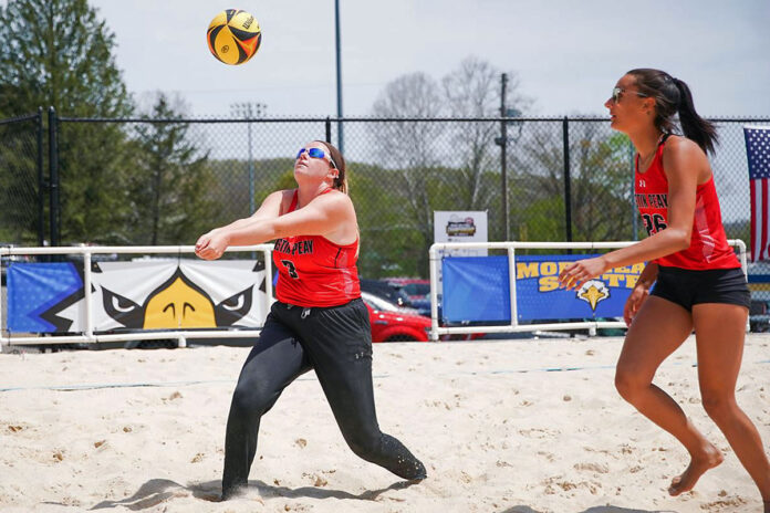 Austin Peay State University Beach Volleyball players Brooke Moore and Mikayla Powell won their match in two sets against Morehead State. (Casey Crigger, APSU Sports Information)