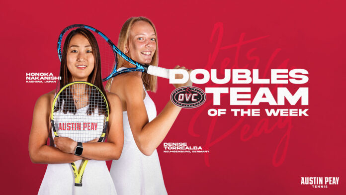 Austin Peay State University’s Honoka Nakanishi and Denise Torrealba received OVC Women’s Tennis Doubles Team of the Week honors. (APSU Sports Information)