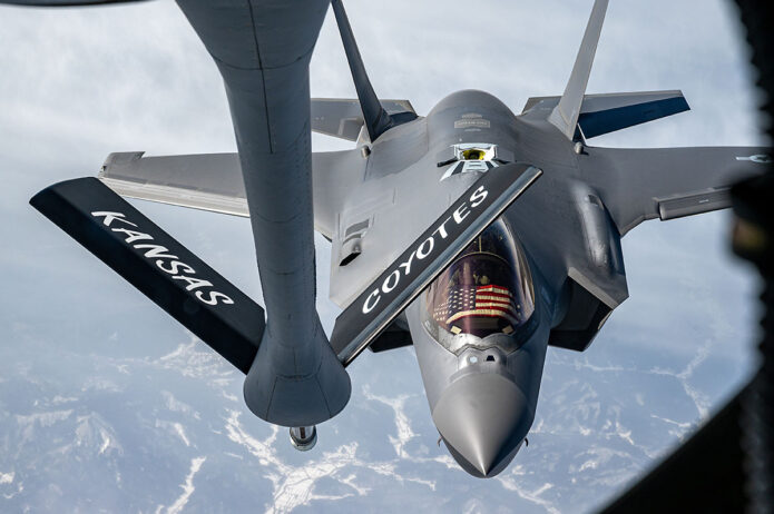 An Alaska F-35A Lightning II approaches a KC-135 Stratotanker in the Indo-Pacific region, March 10, 2022. The F-35As are currently deployed to Kadena Air Base, Japan, conducting integrated operations with joint partners and allies to ensure a free and open Indo-Pacific region. (Air Force Airman 1st Class Yosselin Perla)