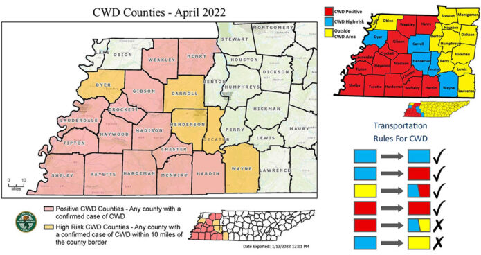 Tennessee CWD Counties - April 2022