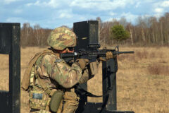 A U.S. soldier assigned to 1st Battalion, 185th Infantry Regiment fires a weapon during marksmanship qualifications at Bemowo Piskie Training Area, Poland, April 8th, 2022. (Army Spc. Joshua Casson)