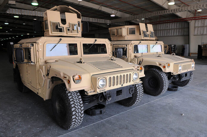 Up-armored Humvees sit inside a vehicle maintenance facility in Qatar, Oct. 10, 2009. Armored Humvees are part of the latest security assistance package bound for Ukraine, worth $800 million. (Dustin Senger, Army)