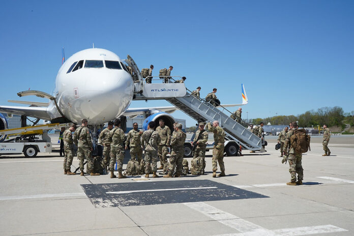 Soldiers assigned to Task Force Leader, from the 3rd Brigade Combat Team, 101st Airborne Division (Air Assault), arrive at New York Stewart International Airport, May 10, 2022, to support the U.S. Military Academy (USMA) with the USMA’s Cadet Summer Training (CST) 2022. During the CST, TF Leader will have the opportunity to prepare future generations of Army Lieutenants, by providing training, mentorship, guidance, share knowledge and experiences and most importantly teach leadership and followership while instilling the warrior ethos. (Sgt. 1st Class Sinthia Rosario, 101st Airborne Division Public Affairs)