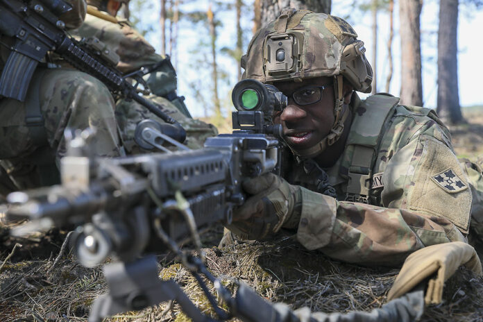 Army soldiers assigned to the 3rd Armored Brigade Combat Team, 4th Infantry Division, conduct scout operations at Drawsko Pomorskie, Poland, April 29, 2022. (Army Sgt. Andrew Greenwood)