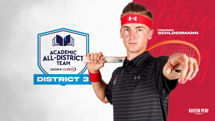 Austin Peay State University Men's Tennis sophomore Frederic Schlossmann has been named to 2021-22 CoSIDA First Team Academic All-District® Men's At-Large Team. (APSU Sports Information)