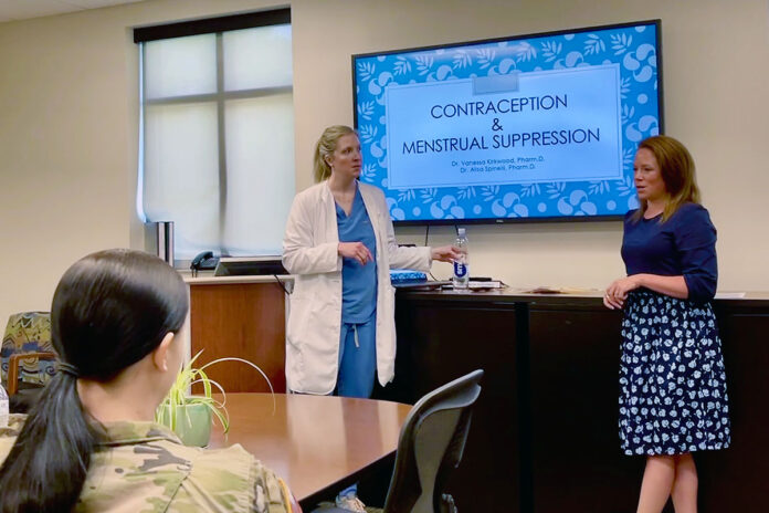 Blanchfield Army Community Hospital Clinical Pharmacists Dr. Vanessa Kirkwood and Dr. Alisa Spinelli discuss birth control and menstrual suppression options available from BACH during a Contraceptive Care Class at Byrd Soldier and Family Medical Home, May 11. The class is offered by appointment several times throughout the month. Space is limited so patients should contact their care team through TRICARE Online Secure Messaging or the appointment line at 270.798.4677 to request a birth control class consult. (U.S. Army photo by Maria Yager)