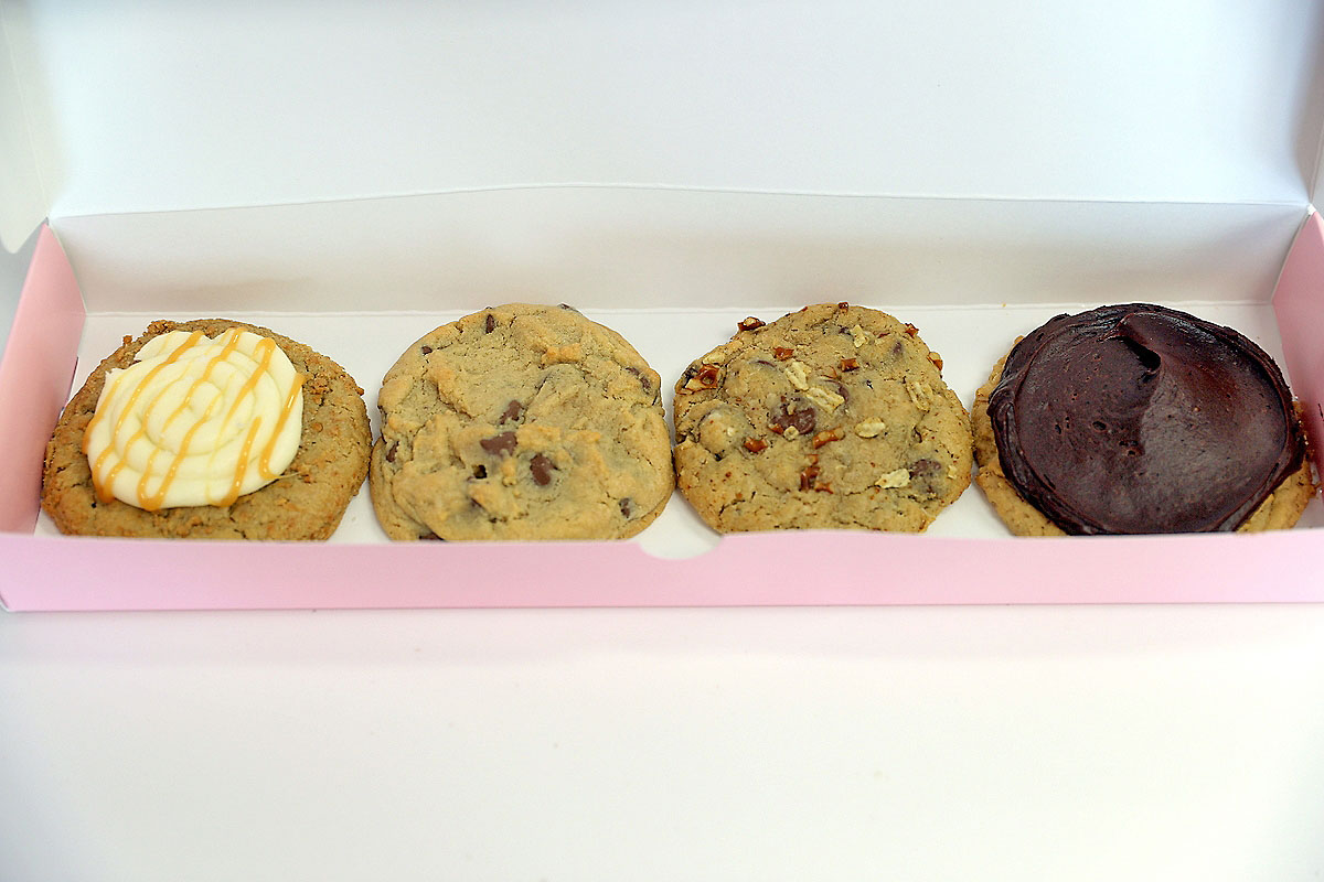 Crumbl Cookies (L to R) Salted Caramel Cheesecake, Milk Chocolate Chip, Chocolate Potato Chip, and Peanut Butter Bar. (Mark Haynes, Clarksville Online)