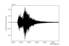 This seismogram shows the largest quake ever detected on another planet. Estimated at magnitude 5, this quake was discovered by NASA’s InSight lander on May 4, 2022, the 1,222 Martian day, or sol, of the mission. (NASA/JPL-Caltech)