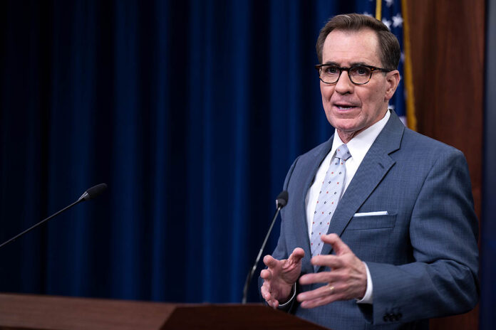 Pentagon Press Secretary John F. Kirby holds a briefing at the Pentagon, April 29, 2022. (Air Force Tech. Sgt. Jack Sanders, DOD)