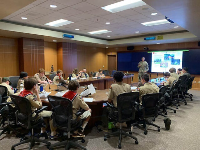 Tennessee’s Adjutant General, Maj. Gen. Jeff Holmes, teaches a class on architecture during the Merit Badge University on April 30. Over 50 Soldiers and Airmen offered 23 different specialized merit badge classes for the Scouts to choose from. Over 400 participants registered with roughly 20 Scouts per class. (Lt. Col. Marty Malone) 