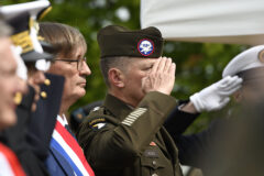 Maj. Gen. JP McGee, commanding general of the 101st Airborne Division (Air Assault) salutes during a ceremony June 3rd, 2022, to honor surviving veterans and those who lost their lives during the fighting in the Carentan cabbage patch on June 11, 1944. 101st Soldiers are participating in D-Day 78 commemorations in Normandy, France. Seventy-eight years later, the bravery and heroism demonstrated by Allied soldiers during WWII continue to resonate with 101st Soldiers. (101st Airborne Division (Air Assault))