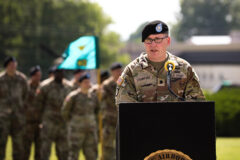 U.S. Army Lt. Col. Matthew Crawford, outgoing commander of Headquarters and Headquarters Battalion, 101st Airborne Division (Air Assault,) delivers his farewell speech to the command, Soldiers and Families of the Headquarters and Headquarters Battalion during the change of command ceremony on June 13, 2022 at Fort Campbell, Ky. (U.S. Army Photos by Sgt Tanis Kilgore, 40th Public Affairs Detachment)