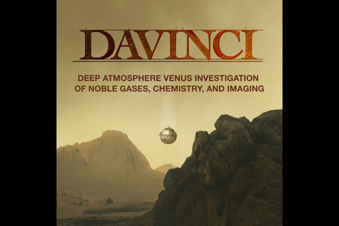 The DAVINCI deep atmosphere probe descends through the dense carbon dioxide atmosphere of Venus towards the Alpha Regio mountains. (NASA's Goddard Space Flight Center)