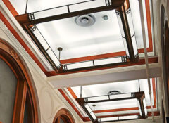 Converted LED light fixtures in the 1898 Customs House building.